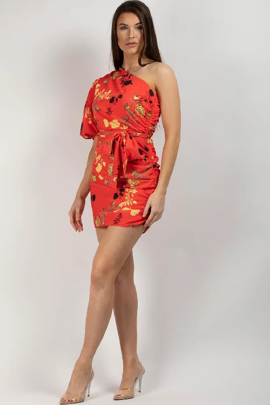 One Shoulder Puff Sleeve Floral Mini Dress Red