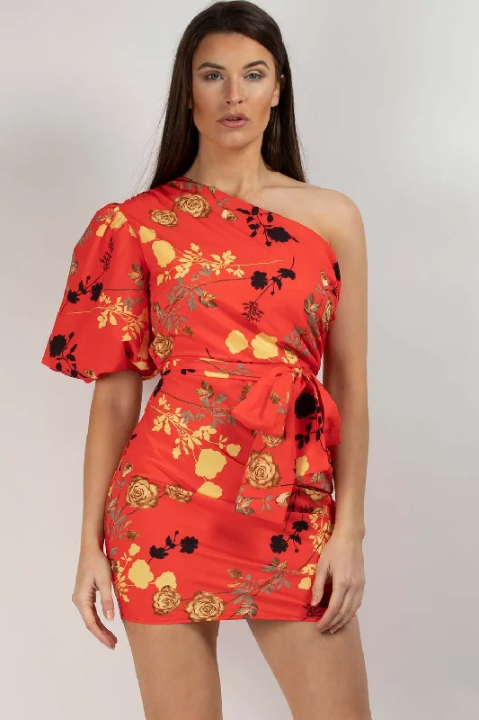 One Shoulder Puff Sleeve Floral Mini Dress Red