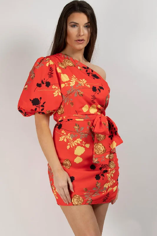 One Shoulder Puff Sleeve Floral Mini Dress Red