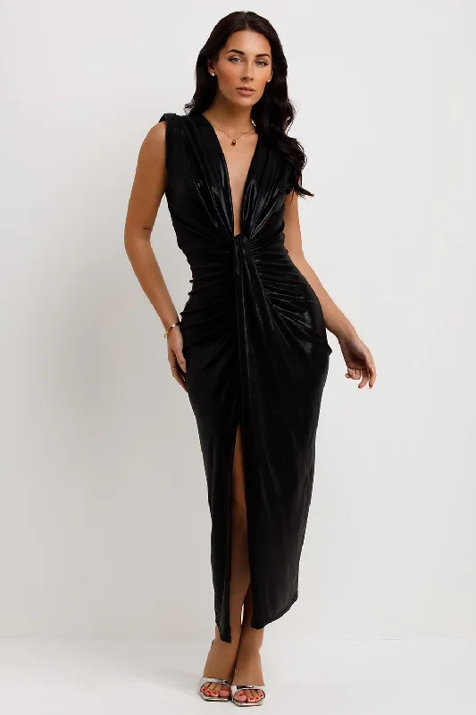 Plunge Neck Maxi Dress In Metallic Black