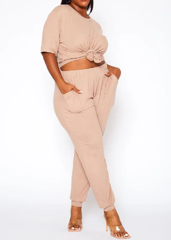 Hi Curvy Plus Size Women Knit Half Sleeve Top and Jogger Pants Set