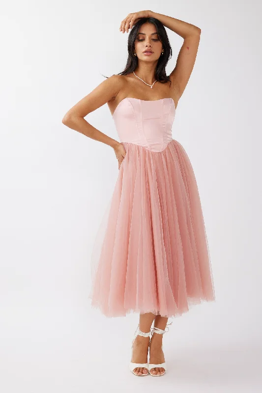 Rosemary Tulle Bustier Midi Dress Pink