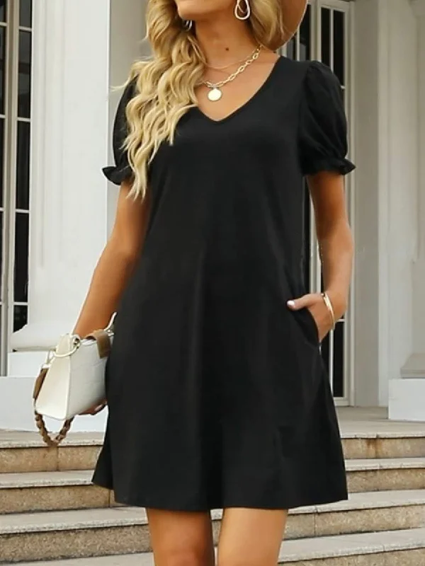 Round Neck Flounce Sleeve Pockets Mini Dress