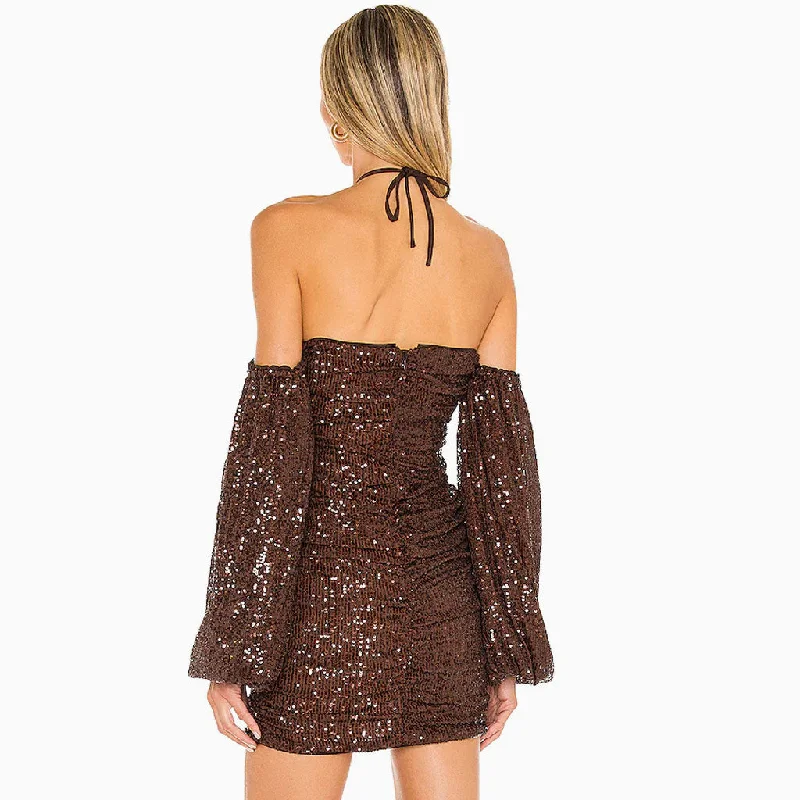 Sparkly Balloon Sleeve Halter Neck Sequin Mini Dress - Coffee