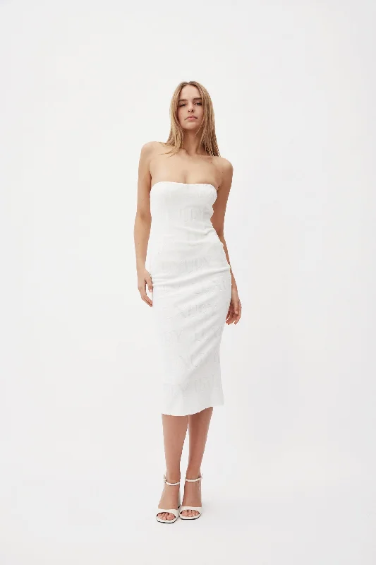 Strapless White Midi Dress with Pockets