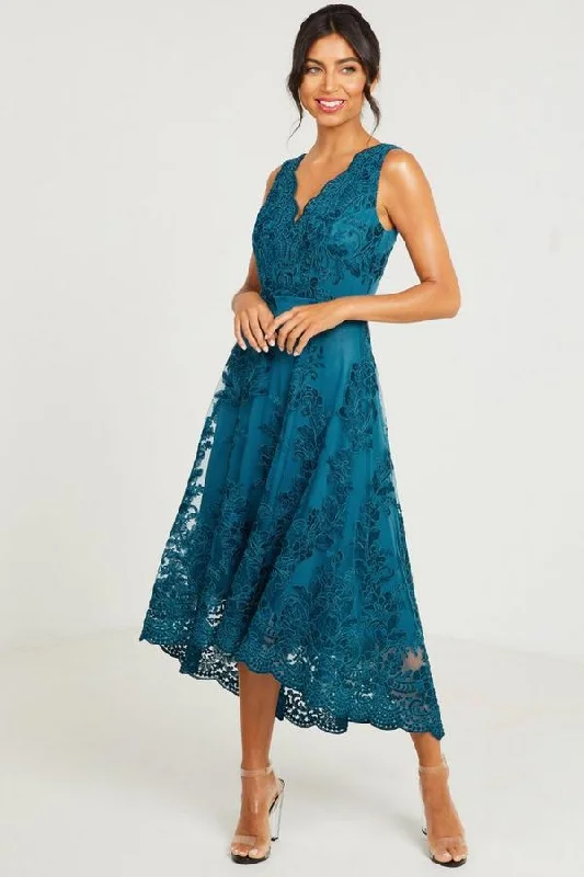 Teal Embroidered Dip Hem Dress