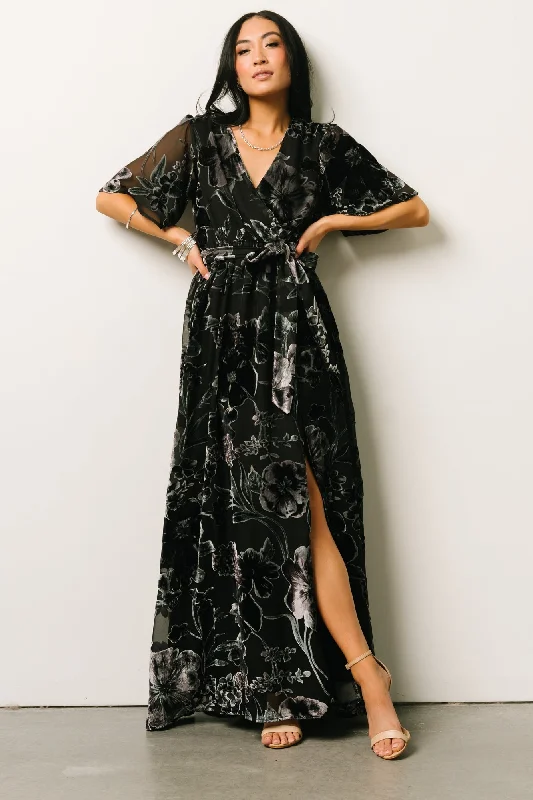 Uma Velvet Maxi Dress | Black + Silver Floral