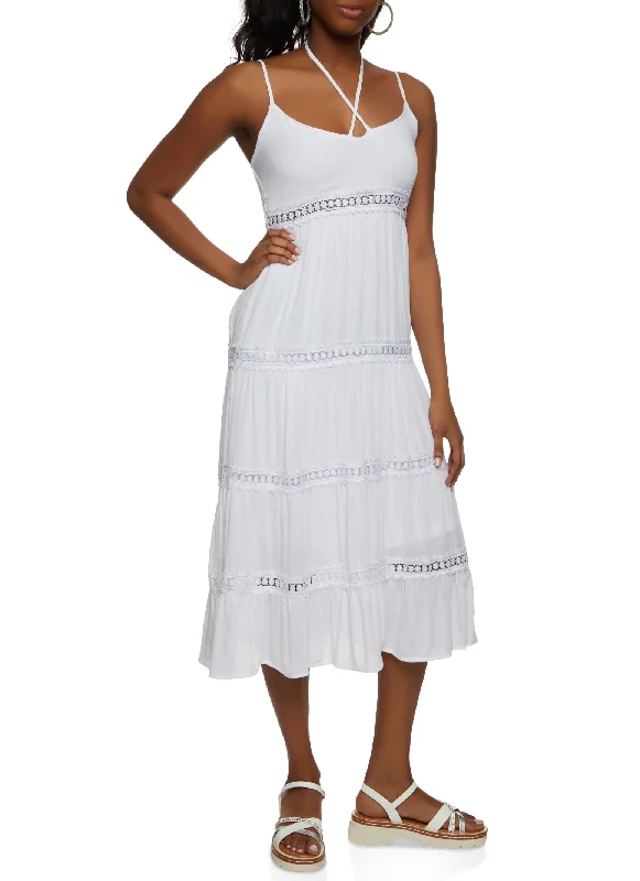 Gauze Knit Crochet Detail Tiered Maxi Dress