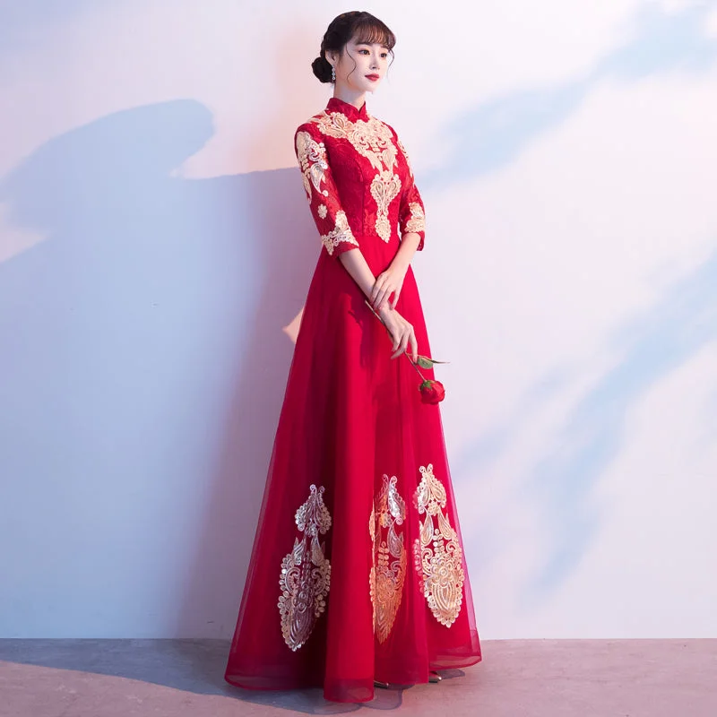 3/4 Sleeve Floral Appliques Mandarin Collar Full Length Oriental Evening Dress