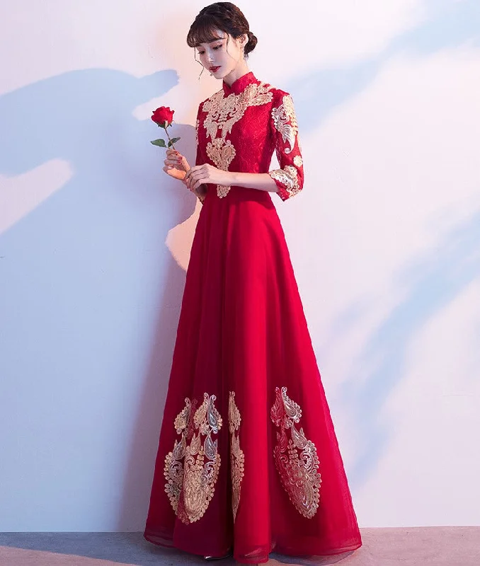 3/4 Sleeve Floral Appliques Mandarin Collar Full Length Oriental Evening Dress