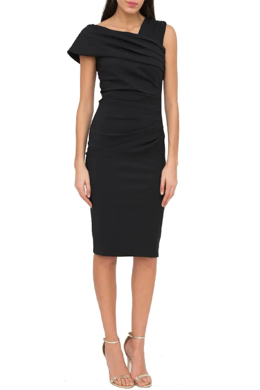 Lucia Black Stretch Crepe Asymmetric Midi Dress