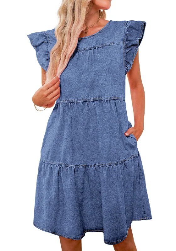 Bay Blue Women's Mini Denim Babydoll Sleeveless Ruffle Sleeve Pleated Dress