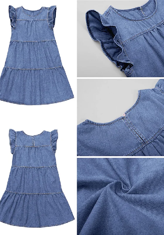 Bay Blue Women's Mini Denim Babydoll Sleeveless Ruffle Sleeve Pleated Dress