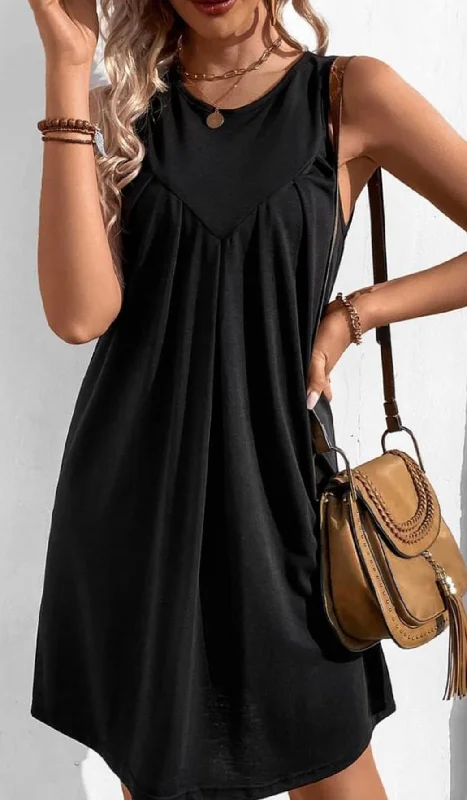 Black Patchwork Pleated Sleeveless Dress