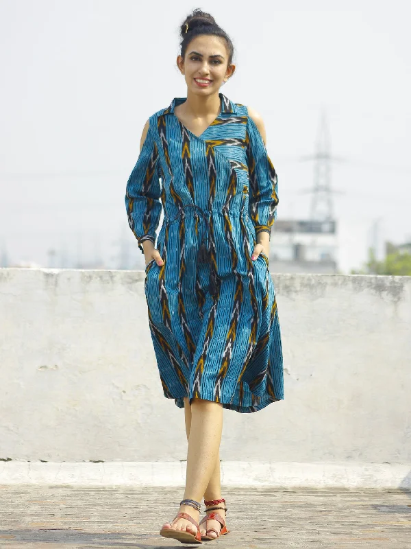 Blue Black Mustard Ivory Handwoven Ikat Dress With Cold Shoulder & Tie Up Waist -  D119F825