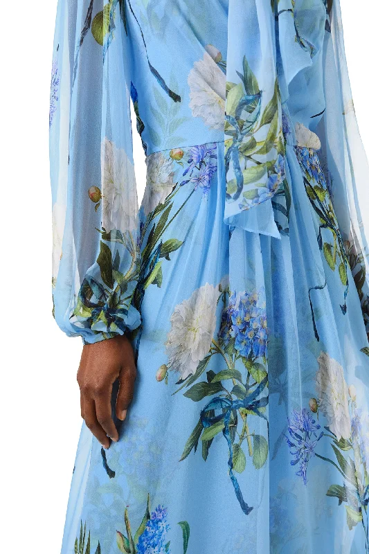 Floral Printed Chiffon Long Sleeve Gown