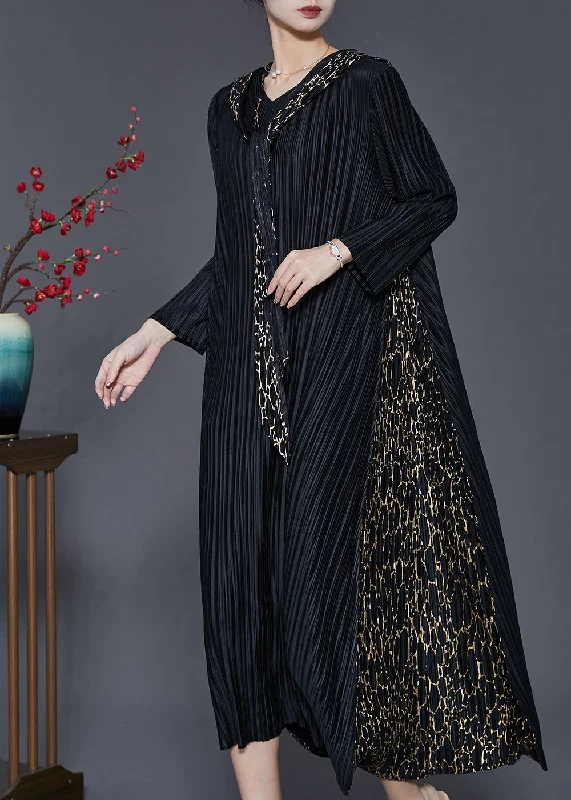 Bohemian Black Hooded Patchwork Wrinkled Maxi Dresses Spring SD1065