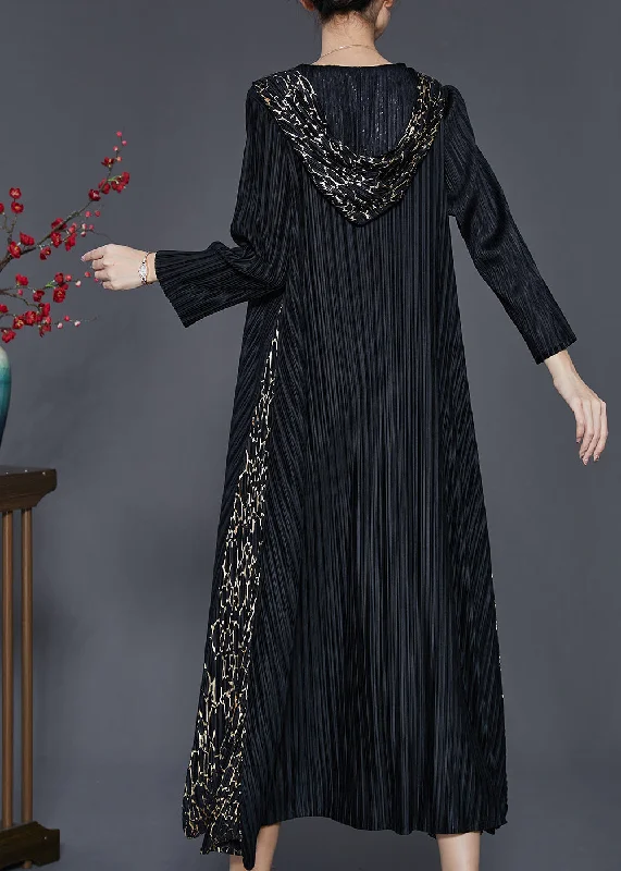 Bohemian Black Hooded Patchwork Wrinkled Maxi Dresses Spring SD1065