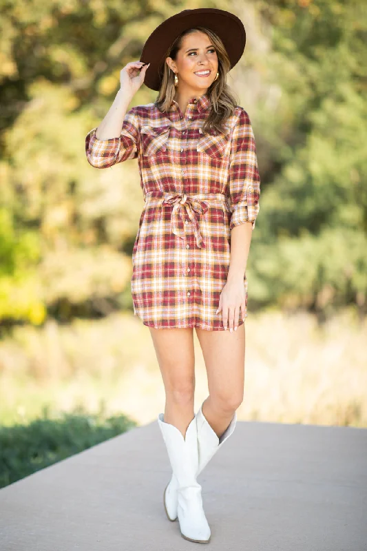 Burgundy and Copper Plaid Shirt Dress