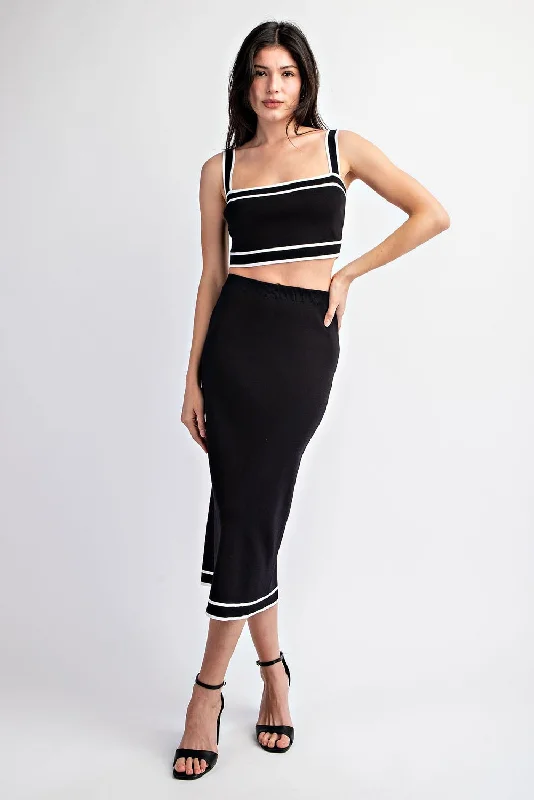 Samantha Contrast Stripe Black Knit Crop Top and Skirt Set