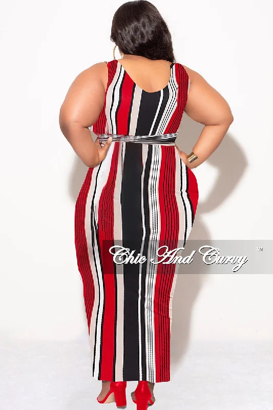 Final Sale Plus Size Sleeveless Maxi Dress with Waist Tie in Red Black and White Stripe Print