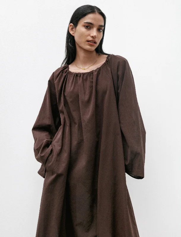 Gathered Dress Light Cotton Dark Brown