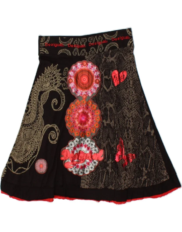 DESIGUAL Womens Abstract Pattern A-Line Skirt UK 10 Small W28 Black Cotton