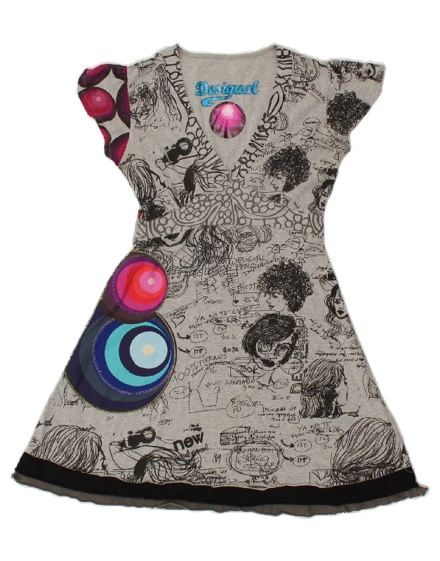 DESIGUAL Womens Graphic A-Line Dress UK 14 Large Grey Geometric Cotton