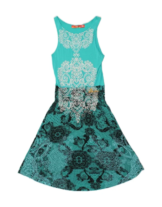 DESIGUAL Womens Sleeveless A-Line Dress UK 4 XS Turquoise Paisley