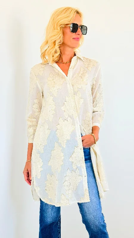 Embellished Floral Button Up Shirt/Dress-Ivory