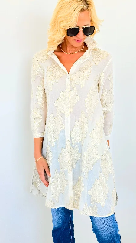 Embellished Floral Button Up Shirt/Dress-Ivory