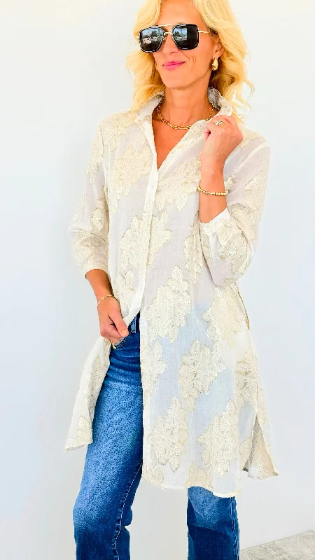 Embellished Floral Button Up Shirt/Dress-Ivory