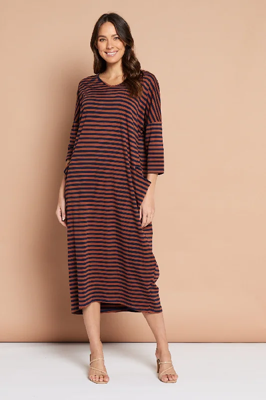 Emmy Maxi Dress - Brown Navy Stripe