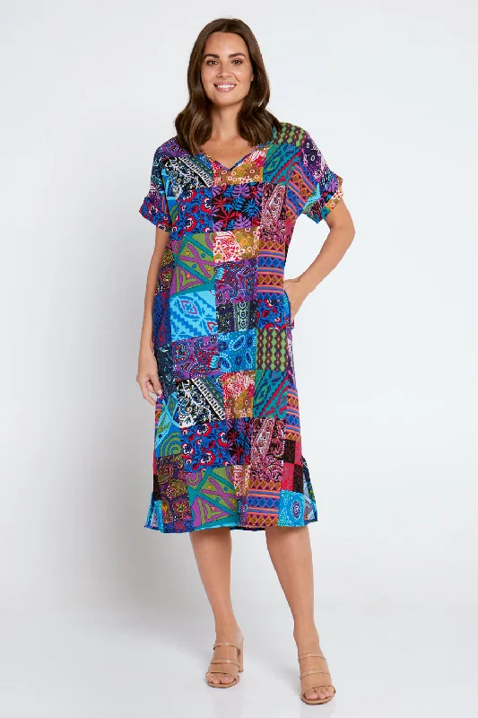 Esiteri Cotton Dress - Blue Patchwork