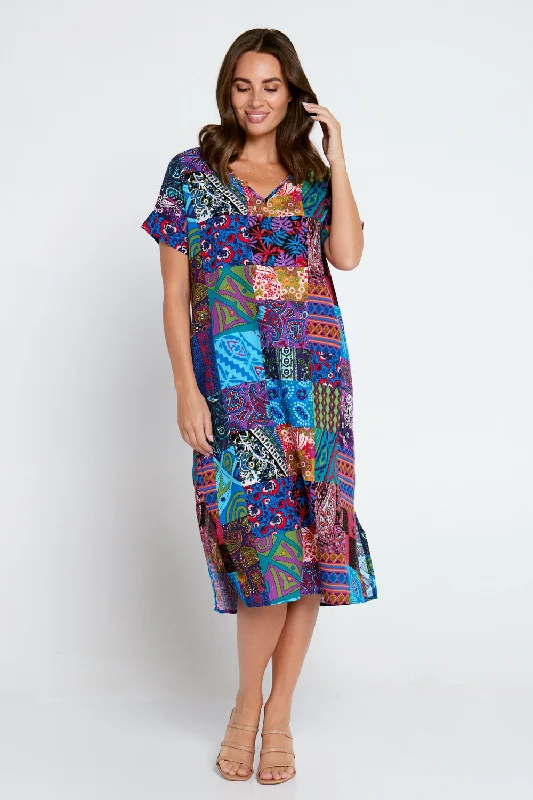 Esiteri Cotton Dress - Blue Patchwork