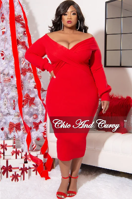 Final Sale Plus Size Long Sleeve Criss-Cross Off the Shoulder BodyCon Dress in Red