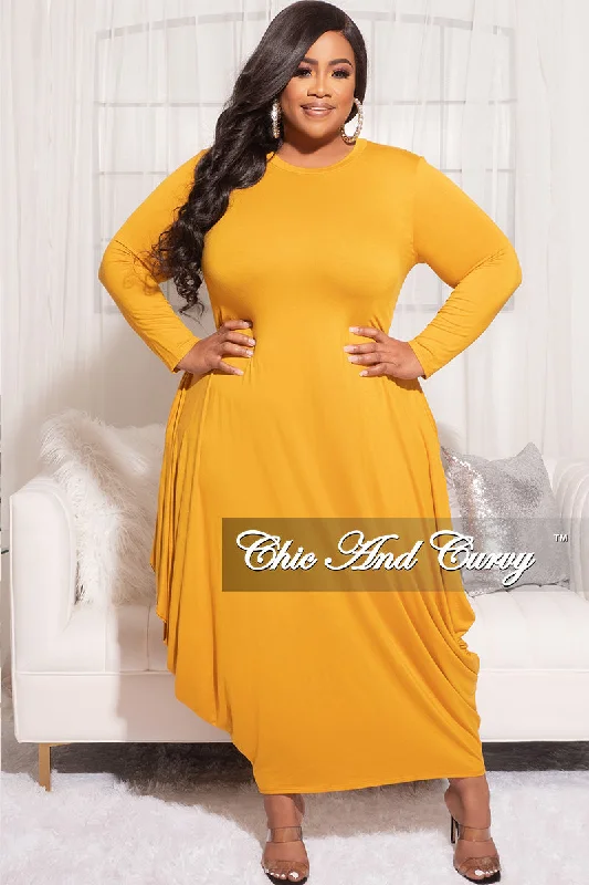 Final Sale Plus Size Long Sleeve Casual Loose Pocket Dress in Mustard