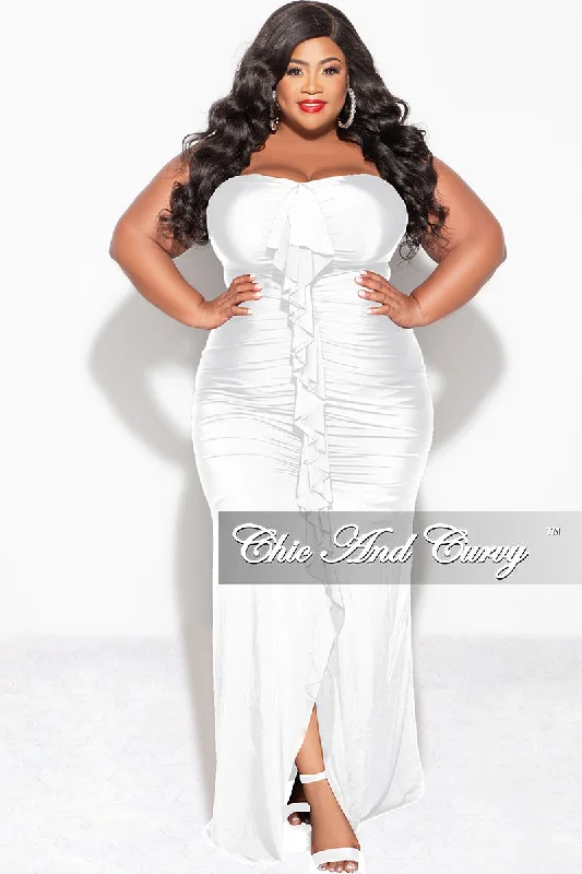 Final Sale Plus Size Sleeveless Maxi Gown With Center Ruching with Ruffle in White