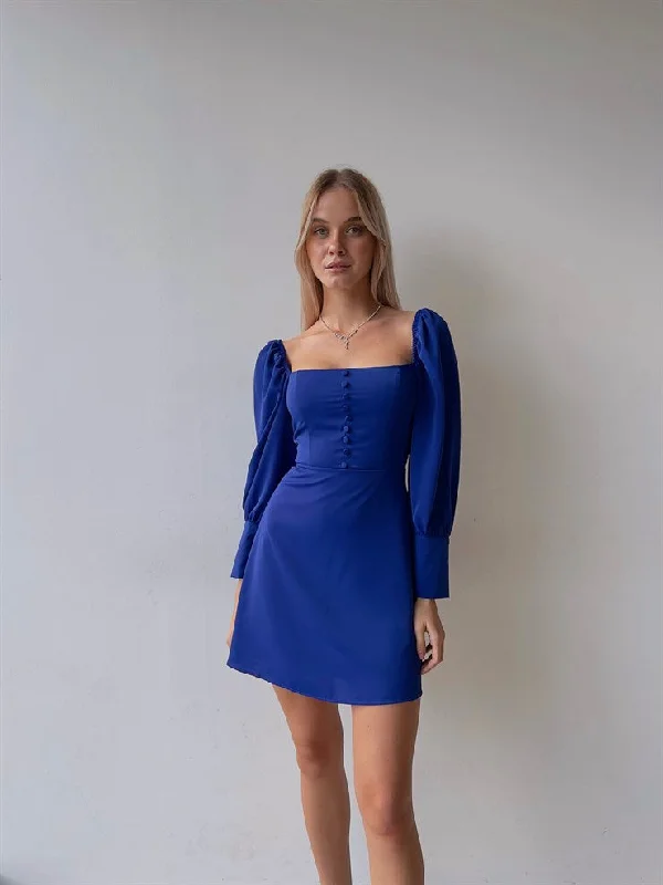 Front Button Detailed Square Collar Balloon Sleeve Liberato Women Saks Mini Dress REF : 23K000101