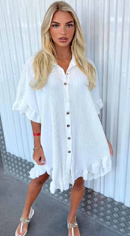 Gold Button Pleated Summer Smock Shirt Dress