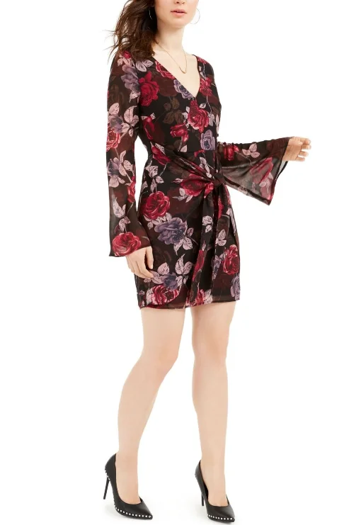 Guess Women's Floral Bell Sleeve V Neck Short Wrap Dress Party Dress Black Size Extra Small