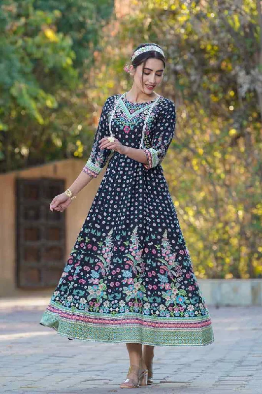 Juniper Black Festive Floral Printed Rayon Anarkali Dress.