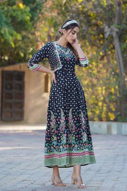 Juniper Black Festive Floral Printed Rayon Anarkali Dress.