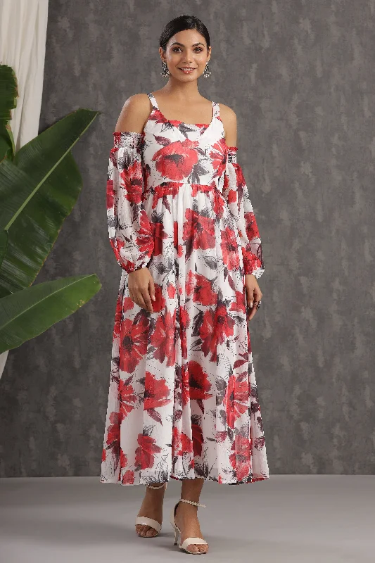 Juniper White Floral Printed Chiffon Maxi Dress With Adjustable Straps & Cold Shoulder