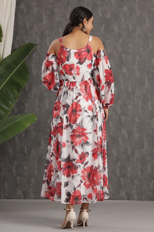 Juniper White Floral Printed Chiffon Maxi Dress With Adjustable Straps & Cold Shoulder