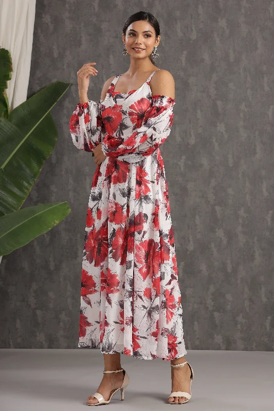 Juniper White Floral Printed Chiffon Maxi Dress With Adjustable Straps & Cold Shoulder