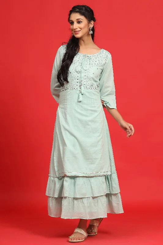 Juniper Sage Green Cotton Embroidered Layered Maxi Dress With Dori Tassels