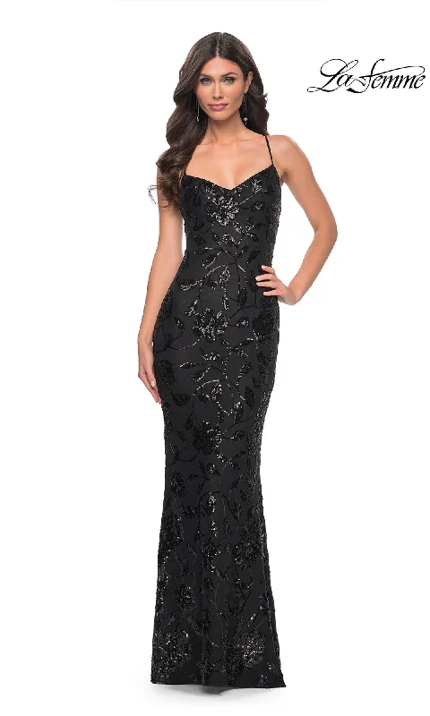 La Femme Long Black Sequin-Print Prom Dress 32415