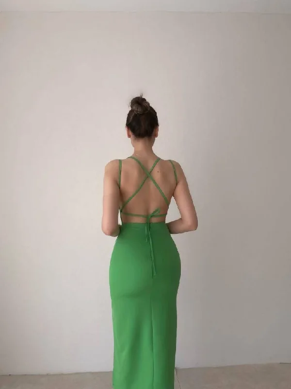 Low Back Slit Midi Length Waistline Dress - Green REF : Sırt Dekolteli Yırtmaçlı Midi Boy Belinda Elbise