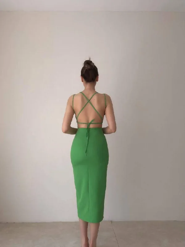 Low Back Slit Midi Length Waistline Dress - Green REF : Sırt Dekolteli Yırtmaçlı Midi Boy Belinda Elbise